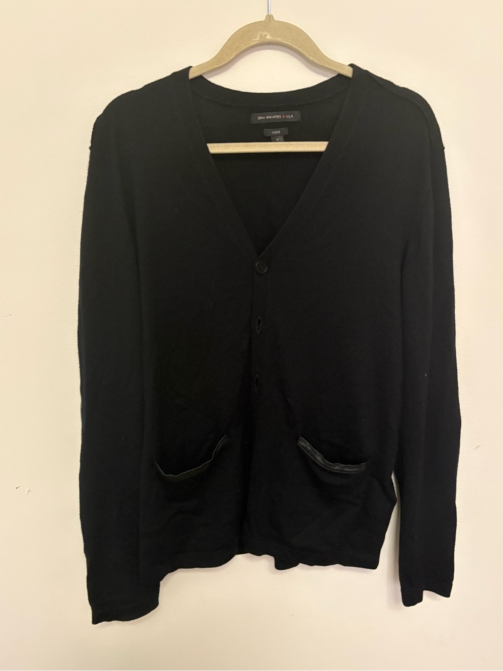 John Varvatos Sweater Mens Sz M Black Cardigan leather Elbow Patches Wool Blend
